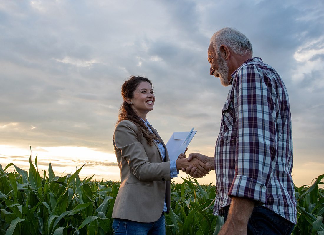 We Are Independent - Portrait of a Smiling Young Female Insurance Agent Holding a Folder Shaking Hands with a Mature Farmer While Standing in a Field of Corn